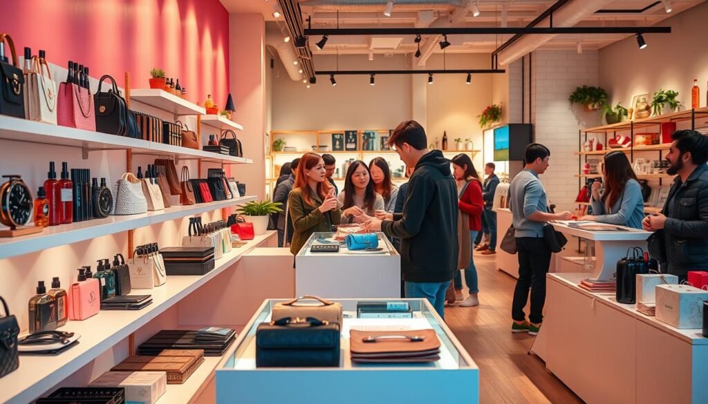 A bustling TikTok shop set against a vibrant backdrop. In the foreground, a well-curated selection of trendy products displayed on sleek, minimalist shelves. Warm lighting casts a soft glow, accentuating the vibrant colors and textures. In the middle ground, shoppers engage with live demonstrations, their expressions captivated by the interactive shopping experience. The background features a modern, open-concept space with clean lines and a touch of industrial chic. Soft pastel hues and natural elements create a welcoming, visually appealing atmosphere, reflecting the dynamic nature of social commerce on TikTok.