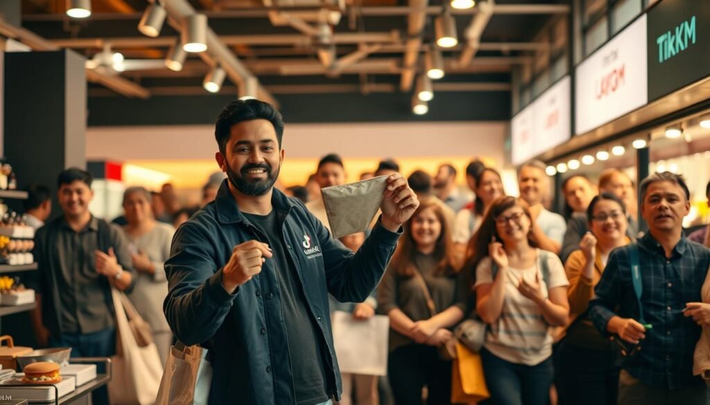 A bustling live shopping scene on TikTok, showcasing a lively UMKM vendor showcasing their products. In the foreground, the vendor stands confidently, demonstrating the item with engaging gestures. The middle ground features a dynamic audience, their faces filled with excitement as they engage with the broadcast. The background depicts a minimalist, yet vibrant TikTok interface, complete with interactivity elements like comments and reactions. Warm, natural lighting illuminates the scene, creating an inviting and authentic atmosphere. The overall composition captures the energy and potential of live shopping as a powerful tool for UMKM to expand their market reach.