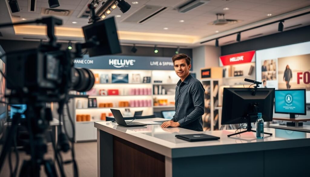 A bustling live streaming studio with a professional streamer standing at a sleek, modern desk, surrounded by high-quality streaming equipment. Soft, even lighting illuminates the scene, creating a warm and inviting atmosphere. The streamer's expression is focused and engaged, conveying a sense of confidence and expertise. In the background, various product displays and promotional materials are subtly integrated, hinting at the commercial aspect of the live streaming event. The overall composition is visually balanced and aesthetically pleasing, reflecting the strategic and practical nature of the live shopping experience.