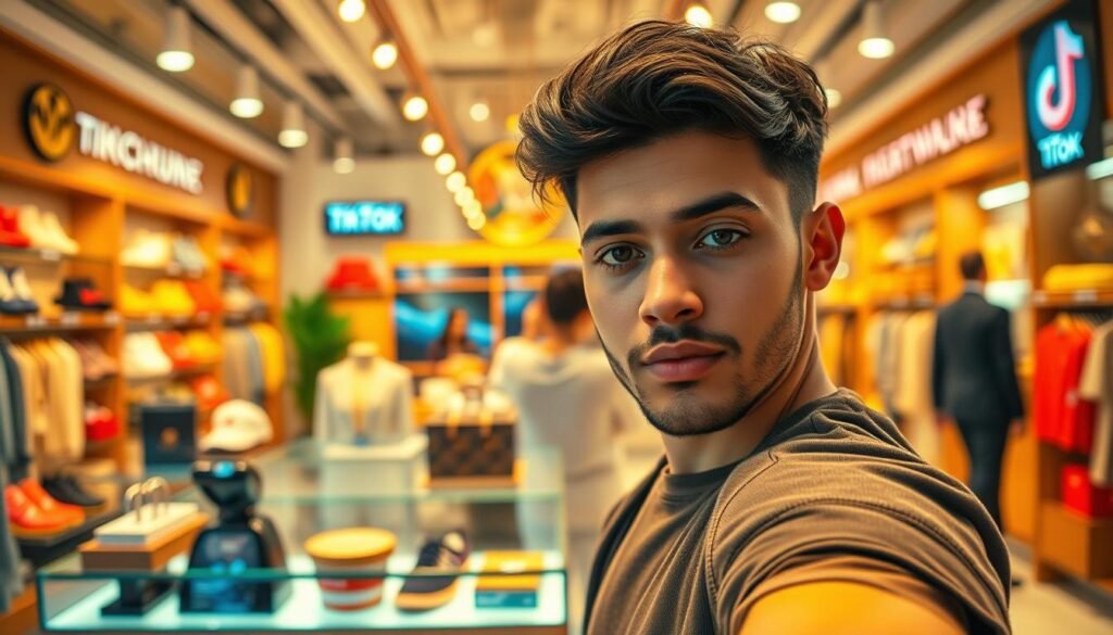 A captivating image showcasing the collaboration between a charismatic social media influencer and a thriving UMKM. The foreground features the influencer, captured in a dynamic, engaging pose, their gaze drawing the viewer in. The middle ground highlights the UMKM's products, prominently displayed and exuding quality and craftsmanship. In the background, a vibrant, on-trend setting evokes the lively TikTok platform, with subtle nods to the world of live shopping and social commerce. Warm, diffused lighting bathes the scene, creating a sense of approachability and trustworthiness. The overall composition conveys the synergy between the influencer's credibility and the UMKM's ability to reach new consumers, delivering a visually compelling representation of the article's key strategies.