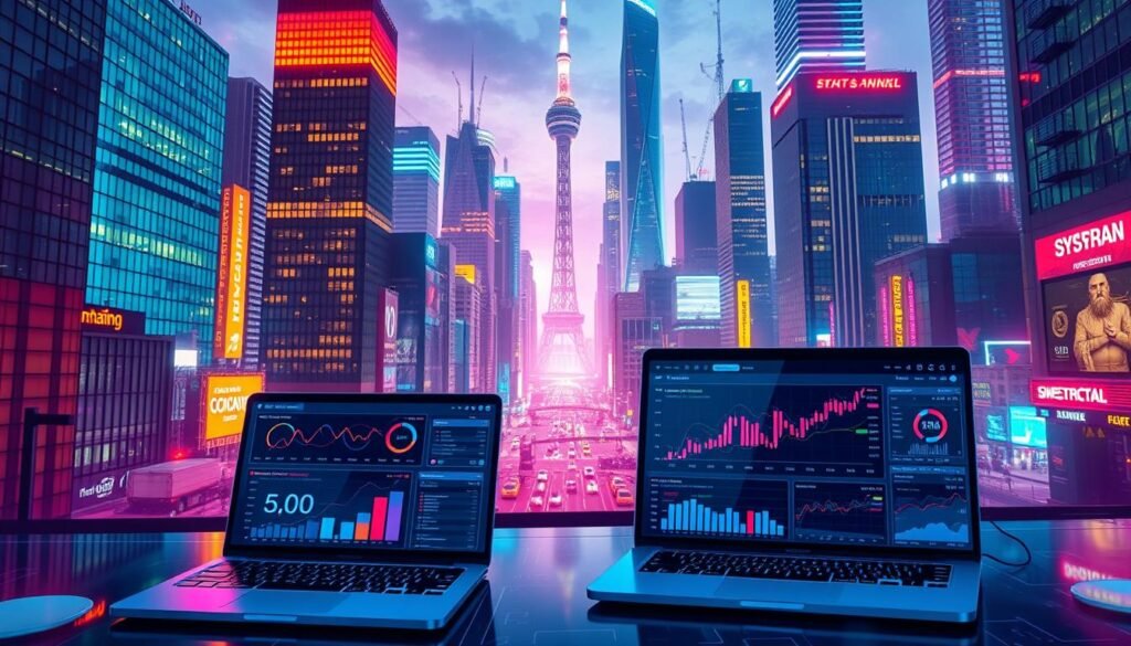 A detailed, visually-striking illustration of "search engine optimization" for a digital marketing campaign. Showcase a dynamic, hi-tech cityscape with towering skyscrapers and bustling streets. In the foreground, depict an array of digital devices - laptops, smartphones, tablets - showcasing analytics dashboards, SEO metrics, and web traffic data. Use vivid, neon-tinged lighting to create an immersive, futuristic atmosphere. Employ a cinematic, wide-angle lens to capture the sweeping scope of this digital landscape. The overall mood should convey the power of search engine optimization to expand market reach and drive online sales in the modern, tech-driven business world.
