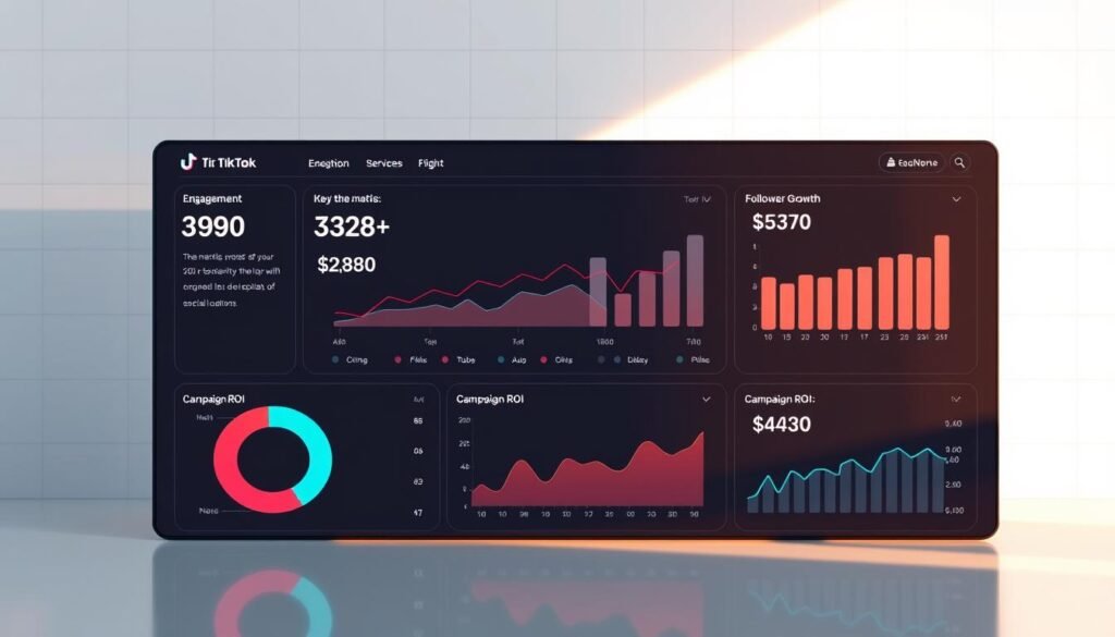 A digital dashboard showcasing key performance metrics for a TikTok social commerce campaign. The foreground features a series of sleek, minimalist panels displaying real-time data on metrics like engagement, sales, follower growth, and campaign ROI. The background is a clean, white workspace with subtle grid lines, evoking a sense of analytical precision. Warm, directional lighting casts soft shadows, creating depth and emphasizing the dashboard's crisp, modern design. The overall mood is professional, data-driven, and tailored to help UMKM owners effectively measure and optimize their TikTok live shopping and social commerce efforts.