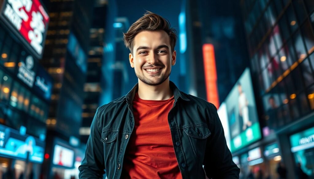 A dynamic, energetic portrait of a professional content creator or "kreator" in an urban, tech-forward setting. The kreator is shown from the waist up, wearing a stylish casual outfit and a confident, engaging expression. The background features a blurred cityscape with skyscrapers, neon lights, and digital displays, conveying a sense of innovation and modern business. Dramatic, high-contrast lighting illuminates the kreator's face, highlighting their charisma and creative spark. The overall mood is one of youthful dynamism, entrepreneurial drive, and the fusion of technology and personal branding.
