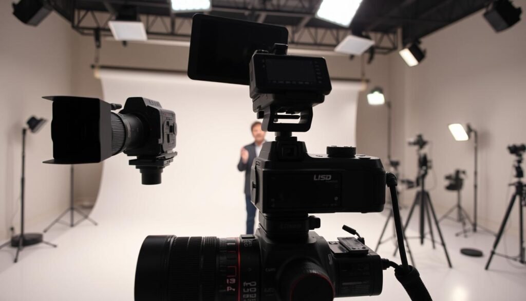 A live streaming event in a modern, well-lit studio setting. In the foreground, a presenter stands confidently in front of a high-quality DSLR camera, engaging the audience with an animated, dynamic performance. The middle ground features a clean, minimalist backdrop with a subtle texture, allowing the presenter to be the focal point. The lighting is soft and diffused, creating a warm, professional atmosphere. In the background, various props and equipment related to live streaming and content creation are arranged neatly, conveying a sense of preparedness and technical expertise. The overall composition is balanced, with a clear emphasis on the presenter and the live streaming experience.