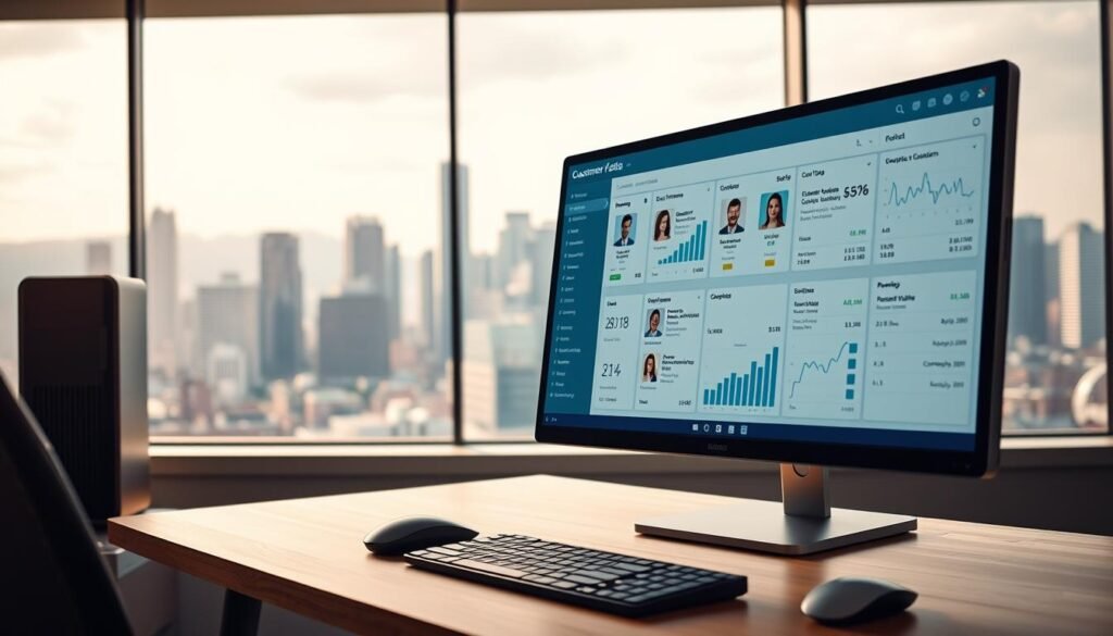 A modern data dashboard displaying detailed customer data analytics. In the foreground, a sleek desktop monitor shows a grid of customer profiles, with individual photos, contact details, and key metrics. In the middle ground, a keyboard and mouse sit on a minimalist wooden desk, with a compact desktop computer tower beside them. The background features a panoramic window overlooking a vibrant cityscape, with skyscrapers and a hint of a bustling urban environment. Soft, indirect lighting casts a professional, analytical glow over the scene, enhancing the sense of data-driven decision making.