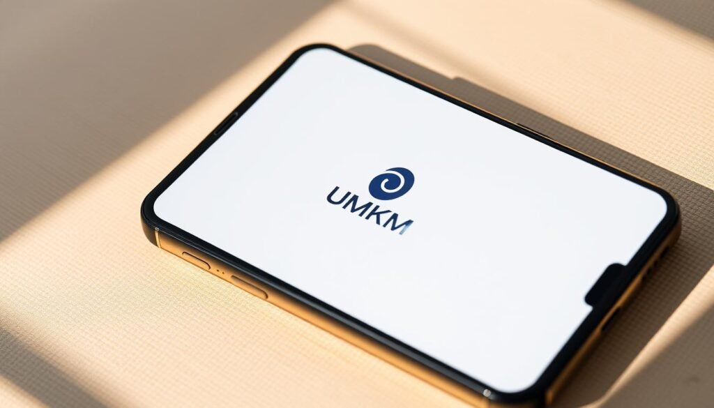 A modern, minimalist business account on a mobile device display. In the center, a well-crafted brand logo commands attention, surrounded by a clean, uncluttered interface. The background features a subtle textured pattern, conveying a sense of professionalism and digital expertise. Warm, natural lighting casts a soft glow, creating a welcoming and trustworthy atmosphere. The composition emphasizes the essential elements of an engaging business profile - branding, simplicity, and a seamless user experience. A perfect visual representation of a UMKM's digital presence, ready to captivate and connect with new customers.