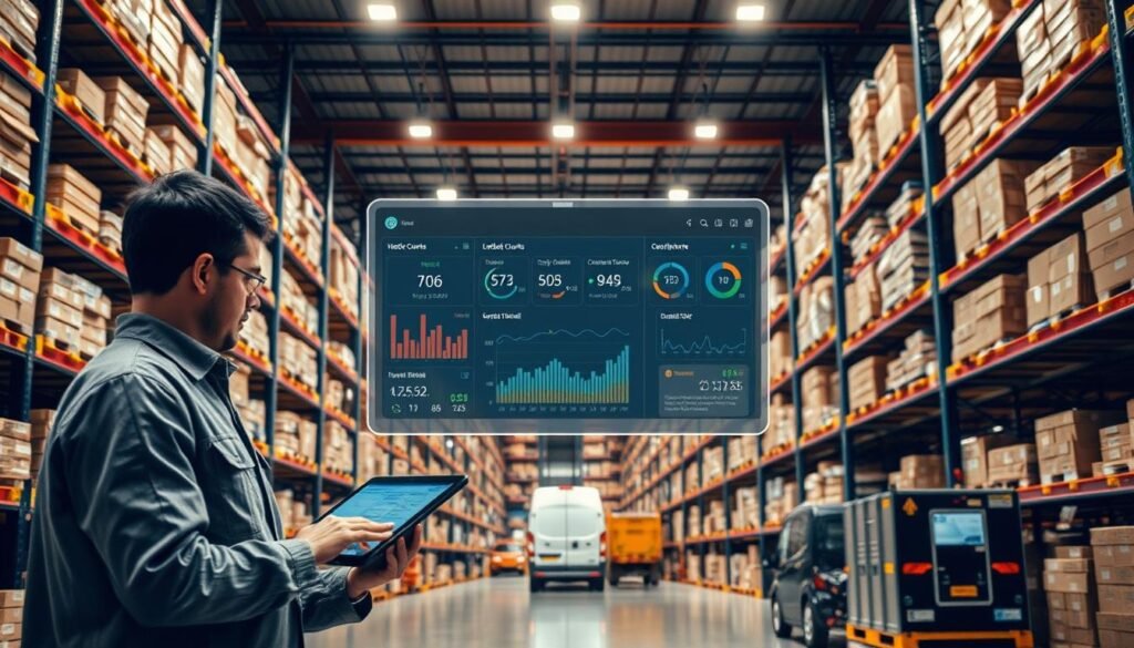 A modern, well-organized warehouse with efficient real-time inventory management. Rows of shelves stocked with neatly arranged products, illuminated by warm overhead lighting. In the foreground, a team member checks inventory levels on a tablet, making updates to the digital system. The middle ground features a sophisticated software dashboard, displaying live stock counts, order fulfillment status, and compliance alerts. The background showcases an integrated logistics system, with packages being scanned and loaded onto delivery vehicles. An atmosphere of precision, control, and a seamless flow of operations.