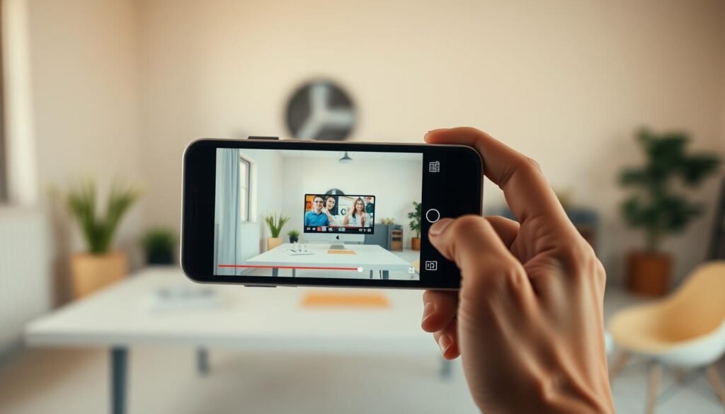 A short-form video format featuring a captivating cinematic frame. In the foreground, a smartphone or mobile device is held in a cinematic grip, showcasing a vibrant, engaging video playing on the screen. The middle ground is occupied by a minimalist, modern workspace or setting, with clean lines and neutral tones. The background is softly blurred, creating a sense of depth and focus on the video content. Warm, natural lighting filters in, casting a gentle glow on the scene. The overall mood is one of creativity, innovation, and the seamless integration of digital content into everyday life.