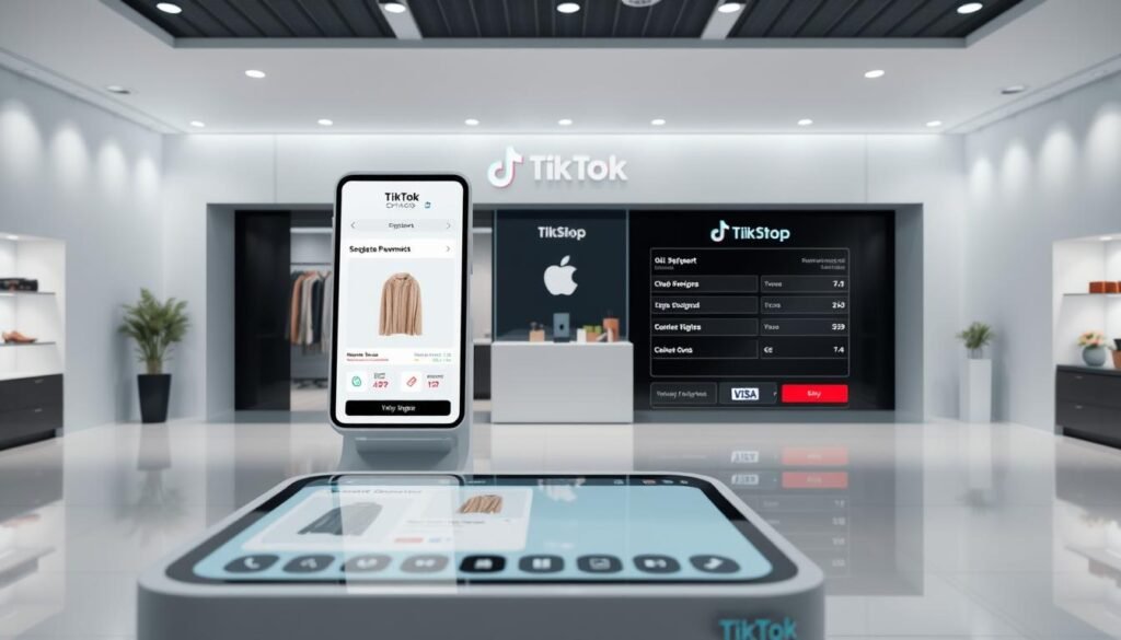 A sleek and modern TikTok Shop interface, showcasing a seamless shopping experience. In the foreground, a visually appealing product display with clean, minimalist design, crisp product images, and intuitive touchscreen controls. The middle ground features a secure payment gateway, with a simplified checkout process and various payment options, all integrated seamlessly. The background depicts a well-lit, contemporary setting, with subtle branding and a sense of efficiency and professionalism, creating an inviting atmosphere for users to explore and purchase. The overall composition conveys a streamlined, user-centric approach to live shopping on TikTok, optimizing the journey from browsing to delivery.