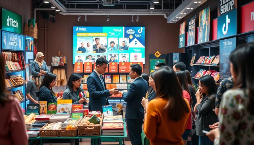 A vibrant and dynamic scene depicting a bustling TikTok shop environment, showcasing small and medium enterprises (UMKM) in Indonesia. In the foreground, a diverse group of entrepreneurs in professional business attire engages with customers, showcasing their products through interactive live shopping sessions. In the middle, an eye-catching display of products ranging from handmade crafts to local food items, with colorful banners promoting special offers. The background features a digital screen displaying the TikTok platform with visually engaging graphics and animations. Bright, inviting lighting creates an energetic atmosphere, while a slight depth of field focuses on the entrepreneurs and their interactions, emphasizing innovation in social commerce. The overall mood is inspiring and optimistic, capturing the spirit of community and creativity.
