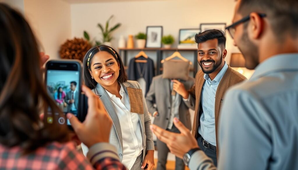 A vibrant and dynamic scene depicting a social commerce interaction on TikTok, featuring a diverse group of small business owners in professional attire passionately engaging with an online audience. In the foreground, a smiling woman demonstrates a handmade product to her smartphone camera, while a man shows a unique clothing item in the middle ground, attracting viewers. The background showcases a stylish living space with modern decor, symbolizing a creative workspace for online selling. Soft, warm lighting illuminates the scene, enhancing the friendly and inviting atmosphere. The composition captures an engaging live shopping environment, emphasizing the energy and potential of social commerce in 2025. Aim for a clear focus on the interaction and showcase a sense of connection between the sellers and their virtual audience.