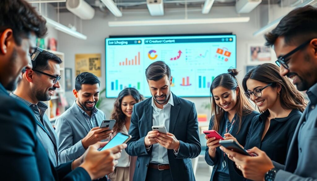 A vibrant, engaging scene showcasing small business owners navigating the challenges of TikTok. In the foreground, a diverse group of entrepreneurs, dressed in professional attire, examines their smartphones with focused expressions, brainstorming strategies for live shopping. The middle ground features a large digital screen displaying analytics and creative content ideas, symbolizing the platform's complexities. The background is a creative workspace filled with colorful marketing materials, hints of TikTok branding, and a lively atmosphere, inspiring innovation. Bright, natural lighting illuminates the scene, creating a positive and energetic mood. The camera angle offers a dynamic perspective, capturing the interaction and determination among the business owners, highlighting both challenges and solutions in the evolving landscape of social commerce.