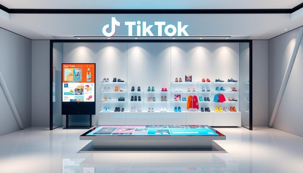 A vibrant, interactive TikTok storefront set against a modern, minimalist backdrop. In the foreground, a large display screen showcases a range of featured products, with colorful product images and information presented in a visually engaging manner. The middle ground features a sleek, touch-sensitive interface, where customers can browse, interact with, and purchase the displayed items. The background is a clean, white space, with subtle geometric patterns and lighting that creates a sense of depth and sophistication. The overall scene conveys a seamless, immersive shopping experience that blends technology, design, and consumer engagement.