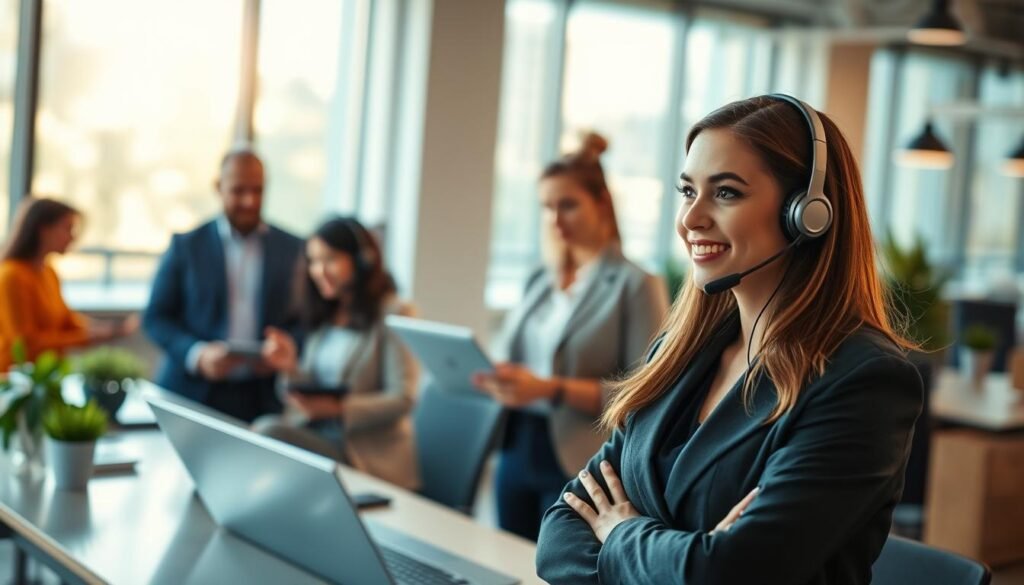 A vibrant scene depicting a successful customer service environment in a modern office setting, featuring a diverse team of professionals engaged in collaborative discussions. In the foreground, a woman in a smart business outfit is attentively listening to a customer on a headset, radiating empathy and attentiveness. In the middle ground, two team members analyze data on laptops, showcasing a commitment to quality service. The background features large windows with natural light streaming in, creating a warm and inviting atmosphere. The overall mood is one of professionalism, dedication, and growth, with soft lighting enhancing the sense of optimism. A modern design aesthetic highlights the importance of customer care in driving business success.