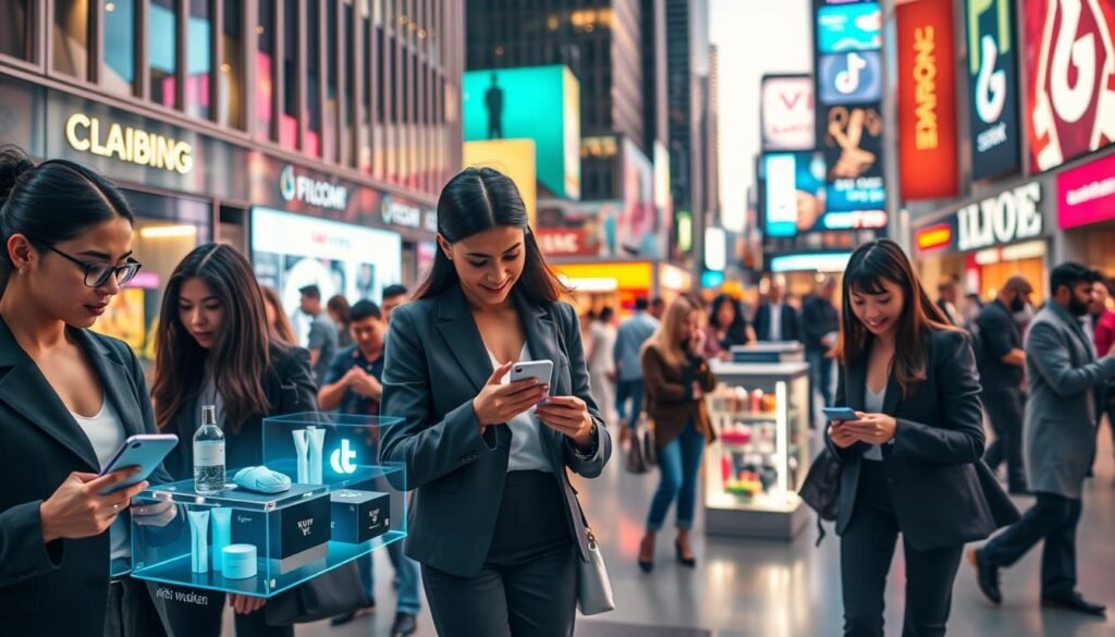 A vibrant scene depicting the phenomenon of social shopping influenced by TikTok in 2025. In the foreground, a diverse group of young professionals in stylish business attire interact with their smartphones, showcasing products. The middle ground features a lively marketplace filled with augmented reality elements: holographic displays of products and special offers, and people engaged in live shopping. The background shows a modern urban setting with tall buildings and digital billboards promoting various brands. Warm, inviting lighting enhances the bustling atmosphere, and a dynamic angle suggests movement and excitement. The mood is energetic and innovative, capturing the essence of social commerce in a tech-savvy world.