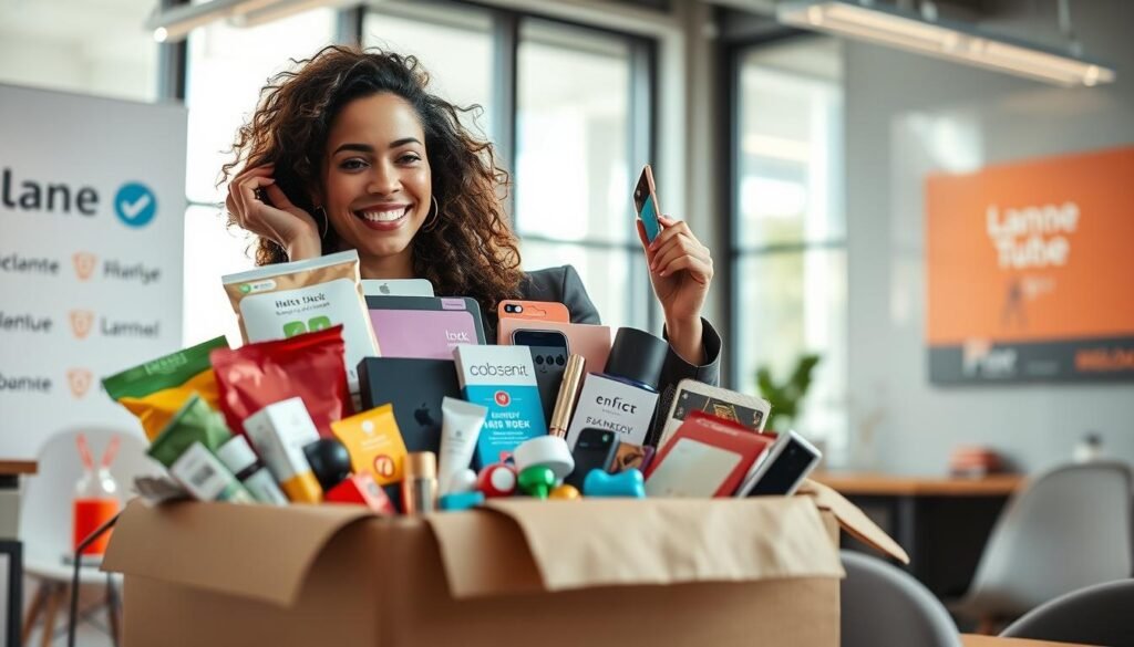 A visually striking image capturing the concept of a subscription box business model. In the foreground, a beautifully arranged subscription box overflowing with neatly packaged products, like gourmet snacks, skincare items, and tech gadgets, all presented with vibrant colors and textures. In the middle ground, a well-dressed female entrepreneur enthusiastically showcasing the box, embodying innovation and excitement, with an air of professionalism in her attire. The background features a modern office space with subtle branding elements related to subscription services, softly lit by natural daylight coming through large windows. The overall atmosphere conveys a sense of creativity, optimism, and the future of consumer shopping experiences. The angle is slightly tilted to emphasize depth, enhancing the dynamic feel of the image.