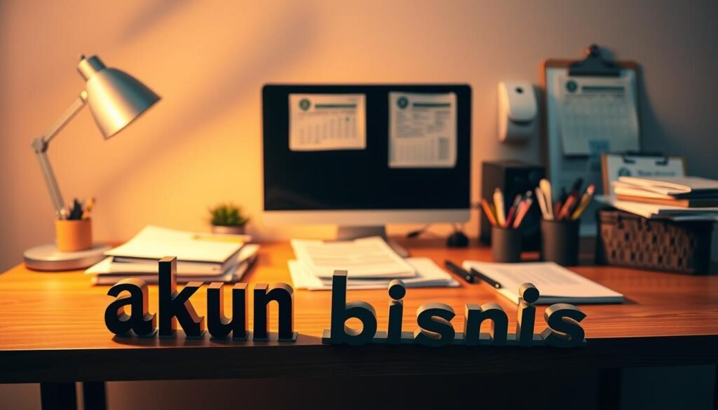 A well-organized small business setup with a professional desk, computer, and essential office supplies. The scene is lit by warm, indirect lighting, creating a cozy and productive atmosphere. The foreground features a stylized "akun bisnis" sign, hinting at the digital aspects of the business. The middle ground showcases various documents, invoices, and a calendar, suggesting the administrative tasks involved. The background blurs into a minimalist, neutral-toned office environment, emphasizing the focus on the business tasks at hand. The overall composition conveys a sense of order, efficiency, and the foundational elements necessary for a thriving small business.