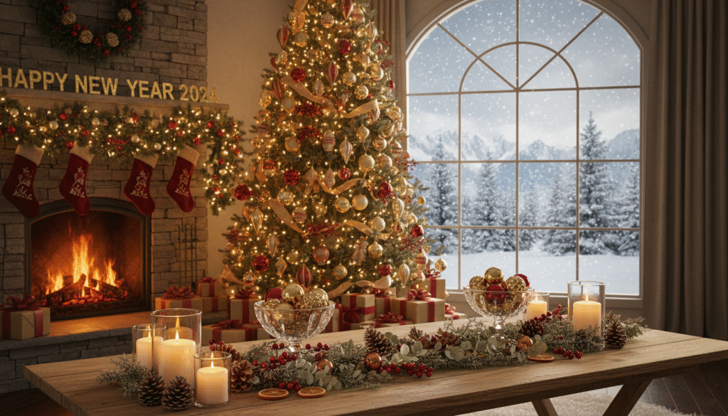 A beautifully curated Christmas and New Year decoration setup, featuring an elegant array of ornaments, twinkling fairy lights, and festive garlands. In the foreground, a rustic wooden table adorned with sparkling candles, pinecones, and holiday-themed centerpieces exudes warmth. The middle ground showcases a decorated Christmas tree, lavishly draped in golden and red decorations, with a cozy fireplace glowing softly behind it. The background features a wintery scene through a large window, showcasing falling snowflakes. The lighting is soft and warm, creating a joyful and inviting atmosphere. The image should evoke feelings of celebration and festivity, perfect for a holiday decoration service advertisement. No people present; focus solely on the decoration elements.