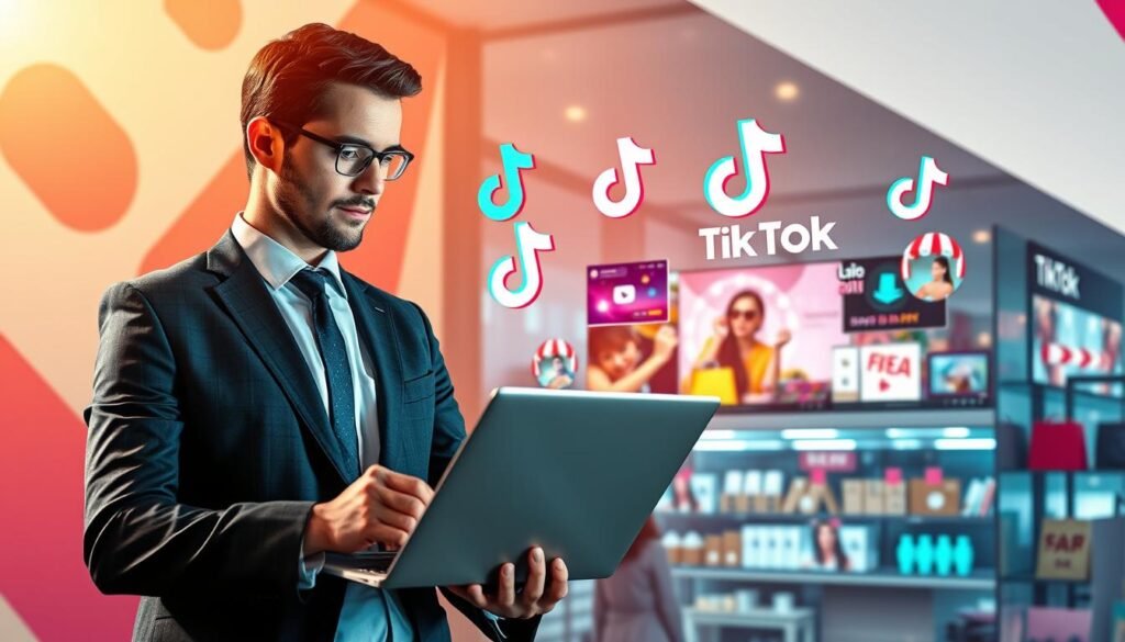 A digital marketing strategist in a professional business attire stands confidently in the foreground, analyzing dynamic charts and social media metrics displayed on a sleek laptop. In the middle ground, vibrant TikTok logos and engaging video thumbnails float above a virtual shopping environment filled with diverse products, hinting at the concept of live shopping. The background features abstract shapes and color gradients that evoke a sense of innovation and creativity, enhancing the atmosphere of modern digital marketing strategies. Bright, warm lighting highlights the strategist’s focused expression and adds a lively, energetic mood to the scene, with a slightly blurred depth of field to emphasize the key elements. The overall composition illustrates the theme of maximizing TikTok ads and paid features.