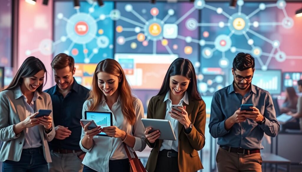 A dynamic scene illustrating the concept of social commerce optimization in a digital environment. In the foreground, a diverse group of entrepreneurs, dressed in professional casual attire, actively engaging with their smartphones and laptops, displaying graphs and digital interfaces. The middle ground features a modern workspace filled with vibrant colors, showcasing digital marketing strategies on screens, with icons representing different online platforms. The background reveals an abstract interpretation of social media networks, with interconnected nodes and flowcharts symbolizing engagement and sales. Soft, focused lighting highlights the entrepreneurs, creating an optimistic and innovative atmosphere, while a slight depth of field brings attention to the collaborative spirit of the scene. The composition conveys a sense of progress and digital transformation in the world of social commerce.