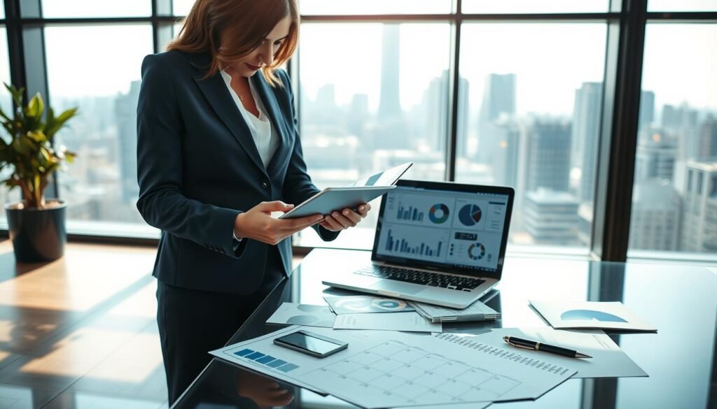 A modern corporate office environment focusing on cash flow management. In the foreground, a professional businesswoman in a tailored suit is analyzing financial reports on a tablet, showcasing graphs and pie charts. In the middle ground, a sleek desk cluttered with financial documents, a laptop with financial software open, and a stylish pen are neatly arranged. The background features a large glass window with a city skyline, allowing natural light to flood the room, creating a bright and productive atmosphere. The lighting should be soft yet vibrant, emphasizing the professionalism and efficiency of the space. Overall, the mood should convey clarity, focus, and the importance of effective expenditure management in business.
