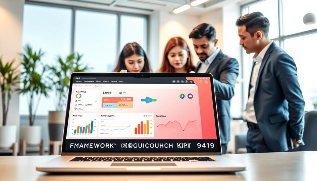 A modern digital workspace showcasing the "Framework Pengukuran KPI TikTok Shop." In the foreground, a sleek laptop displaying an analytical dashboard with colorful graphs and metrics related to TikTok Shop performance. In the middle, a diverse group of three professionals—two women and one man—dressed in smart casual attire, engaged in a collaborative discussion, pointing at the screen. The background features a bright, airy office space with large windows, subtle greenery, and contemporary decor, signifying a tech-savvy environment. Soft, natural lighting enhances the focus on the analytical dashboard while creating a vibrant, motivating atmosphere. The overall mood is dynamic and forward-thinking, emphasizing innovation and strategy in social commerce.