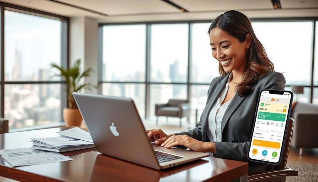 A modern office environment showcasing the BCA Smartcash cash flow management feature. In the foreground, a well-dressed professional woman, smiling and engaged, analyzes financial data on a sleek laptop with BCA branding visible. The middle ground features financial documents and a smartphone displaying the BCA Smartcash app interface, highlighting its user-friendly design. The background includes a city skyline through large windows, with soft natural light filtering in, creating a bright and inviting atmosphere. The room is elegantly furnished with contemporary decor, emphasizing a professional yet relaxed mood, suited for a business setting. The overall composition should convey efficiency, innovation, and financial empowerment, capturing the essence of smart cash flow management.