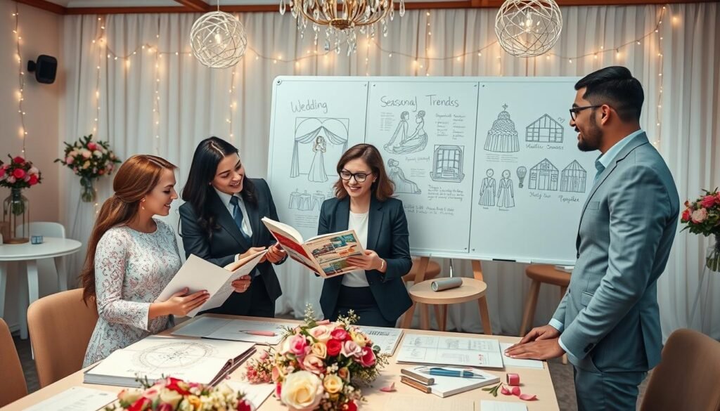 A picturesque wedding planning scene, showcasing a diverse group of professionals in smart business attire collaborating around a beautifully arranged table filled with detailed floral decorations, elegant wedding invitations, and planning materials. In the foreground, a couple looks at a wedding portfolio with joy, while a consultant passionately explains ideas. In the middle, a whiteboard displays wedding themes and seasonal trends illustrated with vibrant sketches. The background features a softly lit wedding venue adorned with fairy lights, creating a warm, inviting atmosphere. Use a warm, natural lighting scheme to evoke a sense of romance and creativity, captured from a slightly elevated angle to encompass the collaborative spirit of the moment.