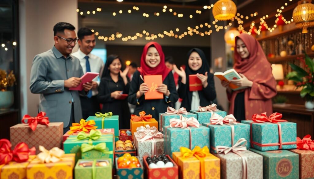 A vibrant and colorful image depicting a festive "Hari Raya" business parcel arrangement, featuring intricately designed gift boxes filled with traditional treats and decorative items. In the foreground, display a beautifully arranged table with an assortment of parcels showcasing bright, eye-catching colors and patterns typical of the holiday. The middle ground includes excited, professional individuals in modest business attire engaging as they select or showcase these parcels, embodying a spirit of community and celebration. The background shows a softly lit setting, adding warmth with fairy lights and traditional decorations. The overall mood should be joyful and inviting, reflecting the hustle and bustle of a seasonal business atmosphere. The lighting is warm and soft, creating an inviting and festive ambiance in the scene.
