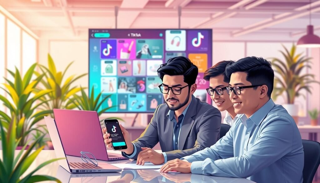 A vibrant and engaging illustration representing "Social Commerce Strategies on TikTok." In the foreground, depict a diverse group of three professionals, a woman and two men, wearing smart casual attire, focused intently on a smartphone displaying the TikTok app. They are seated at a modern workspace, with futuristic gadgets like a laptop and smart screen behind them. In the middle ground, a colorful digital collage showcases TikTok shopping features like live streams, trending products, and user interactions, all seamlessly blending together. The background should feature a dynamic office environment filled with plant life and tech elements, symbolizing innovation and growth. Soft, warm lighting illuminates the scene, creating an inspiring and motivational atmosphere, reflecting the excitement of e-commerce possibilities on social media platforms.