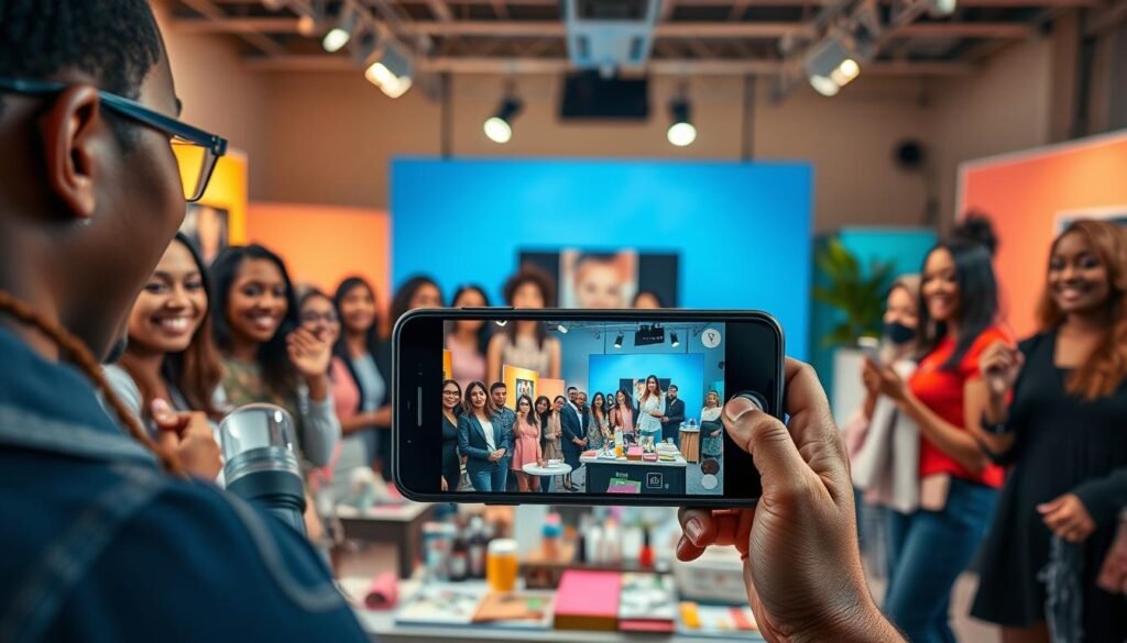 A vibrant and engaging scene depicting a live shopping event on TikTok. In the foreground, a diverse group of small business owners, dressed in professional attire, enthusiastically showcasing their products to a smartphone camera, with visible TikTok branding on the device. The middle ground features a dynamic display of various products, like handmade crafts, beauty items, and apparel, artfully arranged on tables. The background shows a bright, modern studio setup with colorful backdrops and soft, warm lighting that creates an inviting atmosphere. The composition captures the energy of social commerce, emphasizing interaction and engagement with viewers. A shallow depth of field focuses on the sellers, blurring the background slightly to enhance the main subjects.