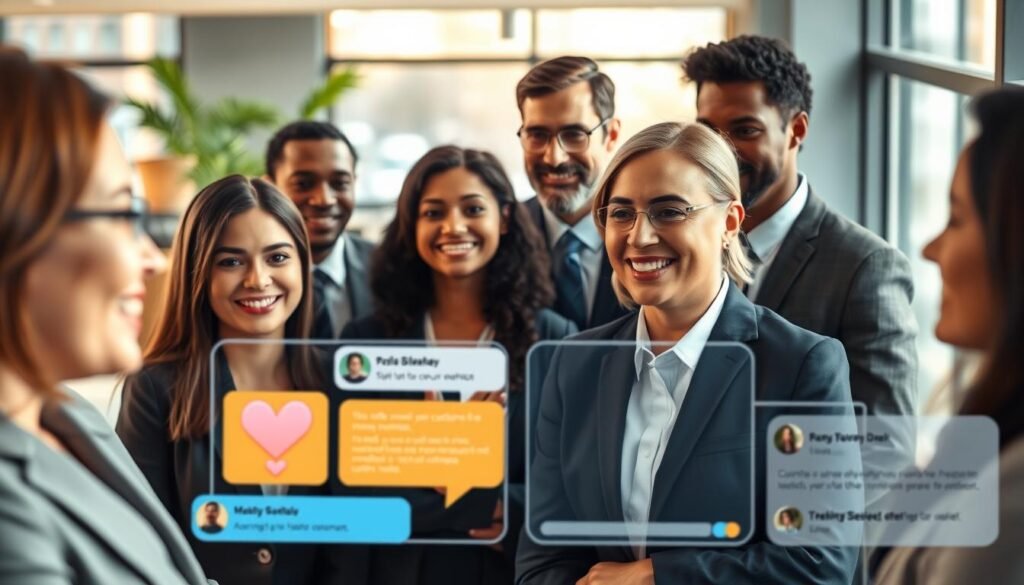 A vibrant and engaging scene depicting effective communication strategies for managing challenging online customers. In the foreground, a diverse group of professionals in smart business attire, engaged in a video conference, showcasing active listening and empathy. The middle ground features visual elements like a digital interface displaying chat messages and positive feedback icons, symbolizing successful communication. In the background, a modern office space with large windows letting in soft, natural light, creating a warm atmosphere. The focus is on the facial expressions of determination and understanding among the professionals, conveying a sense of collaboration and problem-solving. The mood is positive and dynamic, reflecting a proactive approach to customer service.
