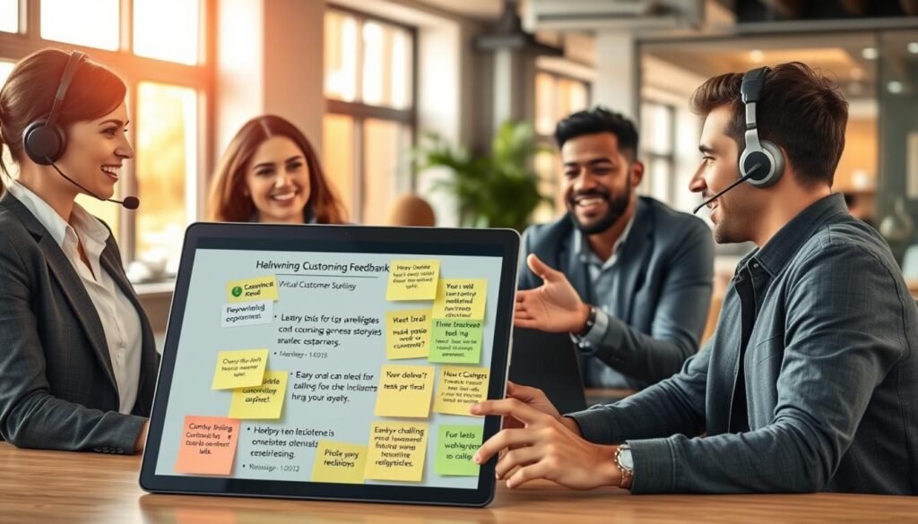 A vibrant, professional setting depicting a diverse group of four individuals engaging in a virtual customer support session. In the foreground, a confident woman in business attire speaks into a headset, attentively listening and taking notes. Beside her, a casually dressed man gestures enthusiastically, showcasing tips on a laptop screen. In the middle ground, a large tablet displays heartwarming customer feedback, surrounded by colorful post-it notes outlining practical tips for maintaining customer loyalty. The background features a modern office with warm natural lighting filtering through large windows, creating an inviting atmosphere. The overall mood is positive and collaborative, illustrating effective strategies for handling challenging online customers and fostering lasting relationships.