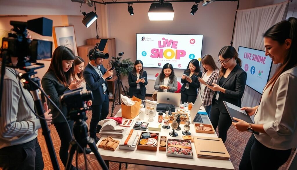 A vibrant scene depicting a live shopping preparation for a small business (UMKM) in a modern setting. In the foreground, a diverse group of entrepreneurs, dressed in professional business attire, enthusiastically set up a makeshift studio with cameras and lighting equipment. They are arranging products like handmade crafts, fashion items, and local foods on a stylish table. In the middle, the atmosphere is electric with anticipation as they check their mobile devices and laptops for social media engagement. The background reveals a cozy, well-lit studio space with colorful branding elements and a large screen displaying the live shopping platform. The warm lighting creates an inviting mood, enhancing the excitement of the upcoming live shopping event. The angle is slightly overhead to capture the bustling scene.