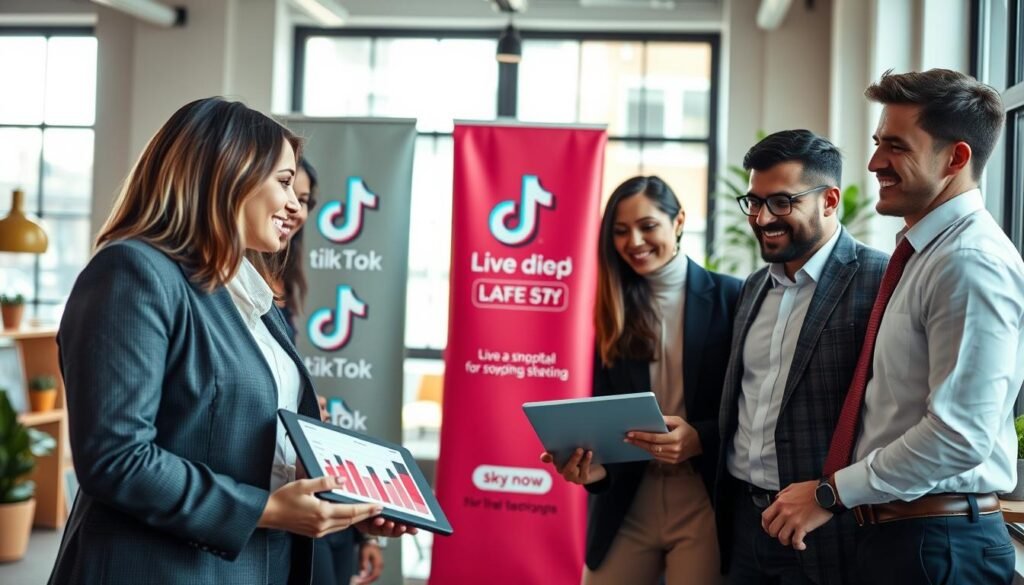 A vibrant scene depicting effective promotional collaboration strategies for small businesses in a digital marketplace. In the foreground, a diverse group of well-dressed professionals, including a woman in a smart blazer and a man in a neat shirt, are engaged in a lively discussion while examining a tablet displaying sales graphs. In the middle, colorful banners showcase TikTok icons and promotional messages about live shopping. The background features a cozy, modern workspace with a large window allowing natural light to pour in, creating an inviting atmosphere. A soft focus emphasizes the professionals' interaction, conveying a mood of teamwork and innovation. The image is framed with a slight tilt, adding dynamism to the composition. A vibrant scene depicting effective promotional collaboration strategies for small businesses in a digital marketplace. In the foreground, a diverse group of well-dressed professionals, including a woman in a smart blazer and a man in a neat shirt, are engaged in a lively discussion while examining a tablet displaying sales graphs. In the middle, colorful banners showcase TikTok icons and promotional messages about live shopping. The background features a cozy, modern workspace with a large window allowing natural light to pour in, creating an inviting atmosphere. A soft focus emphasizes the professionals' interaction, conveying a mood of teamwork and innovation. The image is framed with a slight tilt, adding dynamism to the composition.
