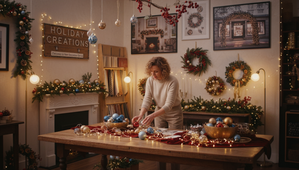 A vibrant workspace displaying a Christmas and New Year decoration service. In the foreground, a creative designer, dressed in smart casual attire, examines a beautifully arranged set of ornaments and lights on a large wooden table. The middle layer features a variety of festive decorations, including sparkling garlands, colorful baubles, and intricate wreaths, all variating in size and texture, reflecting the holiday spirit. In the background, a cozy studio filled with twinkling fairy lights enhances the festive atmosphere, while also showcasing samples of previous decoration projects on the walls. Soft, warm lighting emanates from decorative lamps, creating a welcoming and inspiring mood. The scene captures the essence of a thriving decoration business, emphasizing creativity and professionalism during the holiday season.