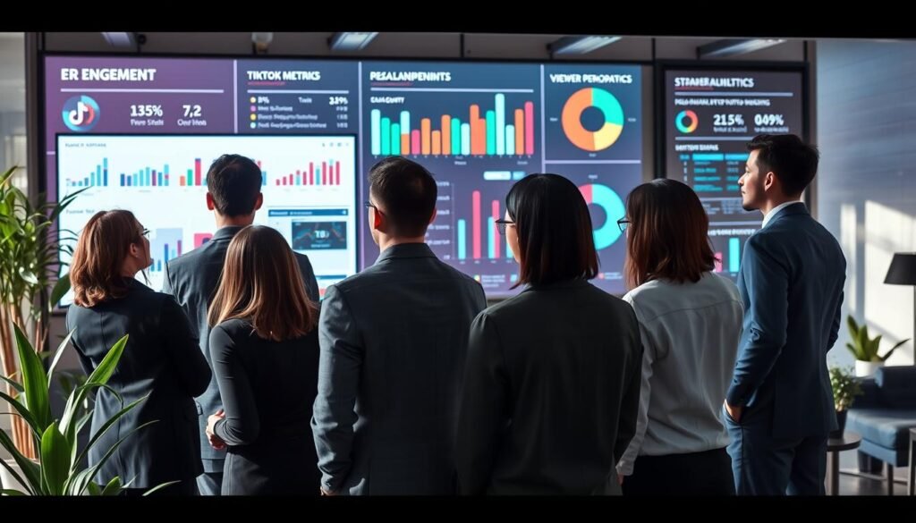 A visually engaging scene showcasing an analytical workspace dedicated to TikTok performance analysis. In the foreground, a diverse group of professionals dressed in smart business attire is intensely discussing data insights while viewing graphs and charts displayed on a large screen. The middle ground features a modern office environment, adorned with plants and contemporary furniture, emphasizing a collaborative atmosphere. In the background, large data visualizations related to TikTok metrics, such as engagement rates and viewer demographics, are projected onto the walls, casting soft, colorful lighting. The overall mood is one of focus and innovation, capturing the essence of data-driven decision-making. The scene is well-lit with natural light streaming in, enhancing the tech-savvy aesthetic.