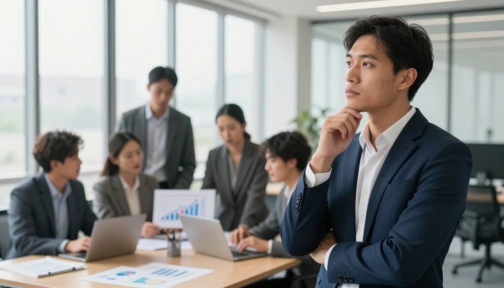 A determined businessperson stands confidently in the foreground, gazing thoughtfully at a graph illustrating a journey of ups and downs representing failures and successes. The individual is dressed in smart business attire, symbolizing professionalism. In the middle ground, a small group of diverse business professionals, also in professional attire, can be seen engaging in a collaborative discussion, surrounded by charts and digital devices. The background features a modern office setting with large windows allowing natural light to flood the room, creating an inspiring atmosphere. The soft lighting highlights the expressions of determination and resilience on their faces, reflecting a mindset focused on learning from failures. The overall mood is one of motivation and positivity, emphasizing the importance of taking risks and growing through challenges.