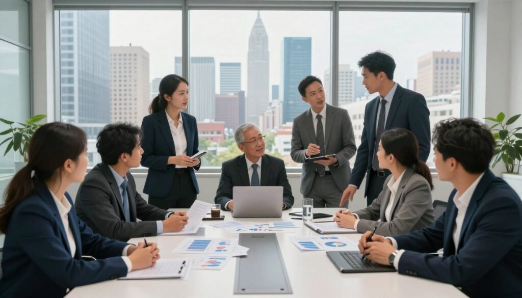 A dynamic scene showcasing a successful business expansion initiative. In the foreground, a diverse group of professionals in smart business attire discusses strategy around a modern conference table scattered with reports and charts. In the middle, large windows reveal a bustling urban environment, symbolizing growth and opportunity. The background features a skyline of a major city, highlighting iconic skyscrapers that represent both national and international targets. Soft natural lighting streams in from the windows, creating an optimistic and collaborative atmosphere. A wide-angle perspective captures the energy and focus of the meeting, embodying the essence of strategic business development and the drive toward excellence.