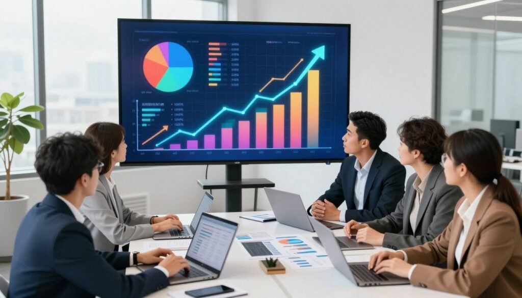 A visually engaging scene depicting business health indicators and market opportunities. In the foreground, a diverse group of professionals in smart business attire strategize around a table with laptops and charts displaying growth and market analysis. The middle layer features a large screen showcasing vibrant graphs, pie charts, and upward arrows, symbolizing positive business growth and expansion potential. In the background, a modern office environment with large windows allowing natural daylight to stream in, creating an atmosphere of optimism and innovation. The overall mood is dynamic and forward-thinking, emphasizing readiness for expansion and the signs of a flourishing business. Capture this from a slightly elevated angle for a comprehensive view of the setting.